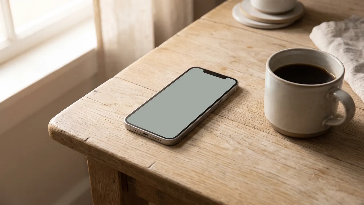 Mobiltelefon på ett träbord bredvid en kaffekopp