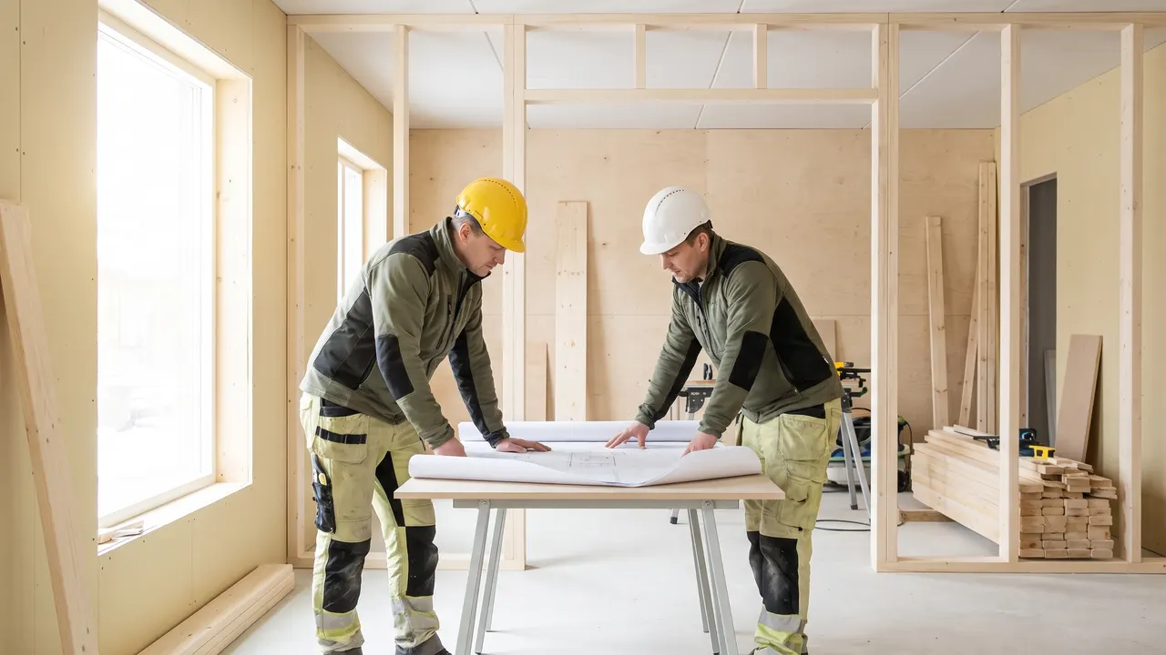 Två byggare på ett ljust renoveringsprojekt