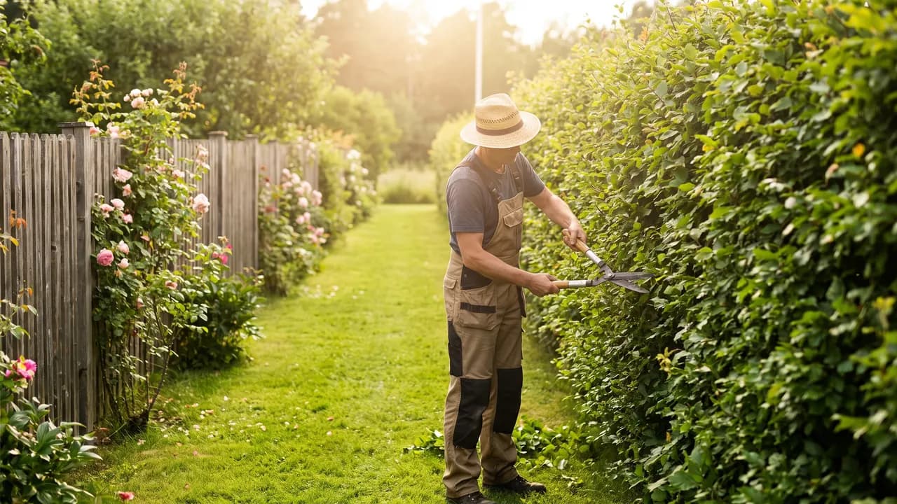 Trädgårdsarbetare som klipper en häck
