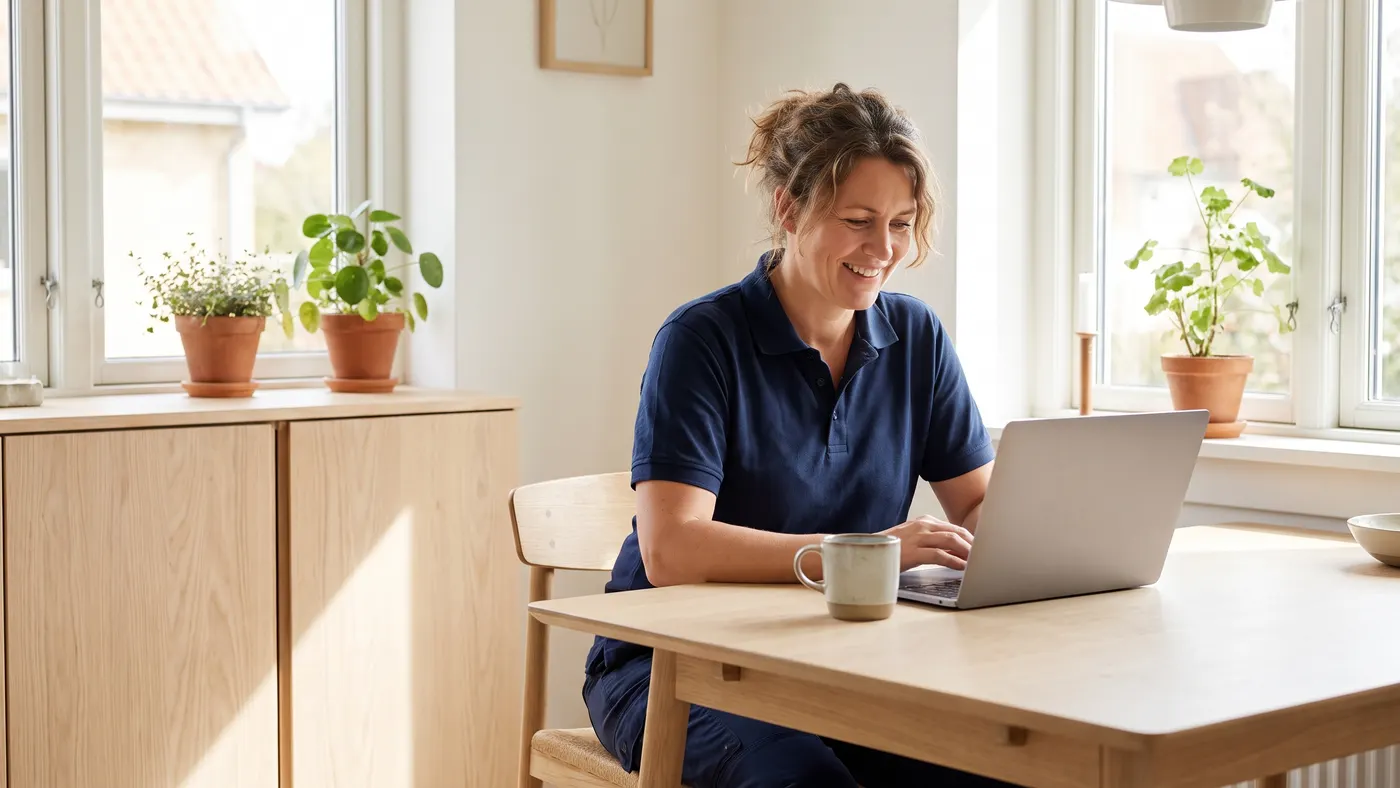 Företagare vid köksbordet med en laptop