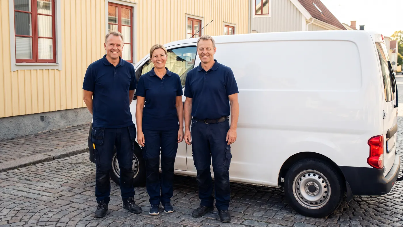 Städteam framför en vit servicebil